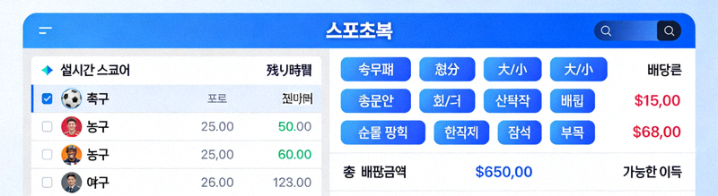 다양한 스포츠 경기와 실시간 배팅 옵션이 표시된 스포츠북 인터페이스